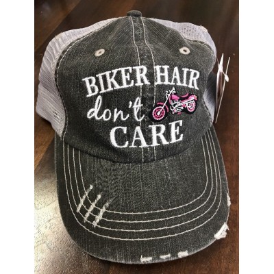 Pink Gray BIKER HAIR Don't CARE motorcycle Mesh Distressed Trucker Hat Cap NEW  eb-87226400